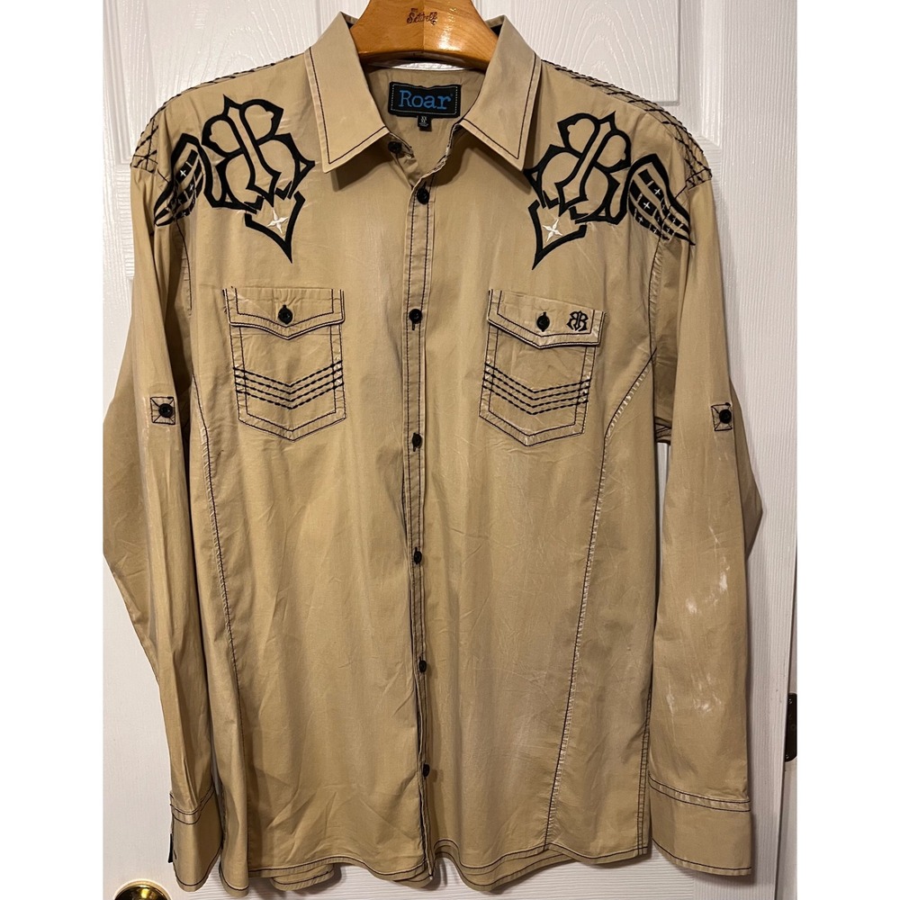 Roar Mens XXL Breaking Ground Tan Embroidered Western Button Down Shirt Roll Tab